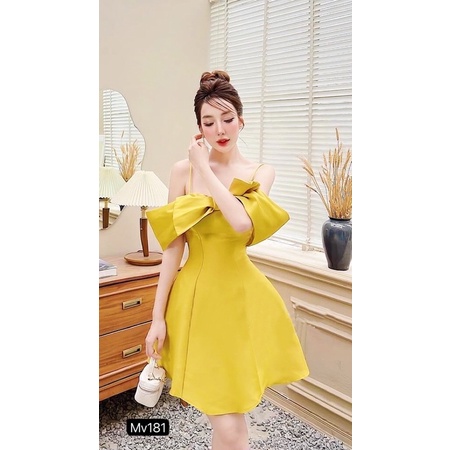 Mv181 Váy vàng tafta 2 dây trễ vai dự tiệc
