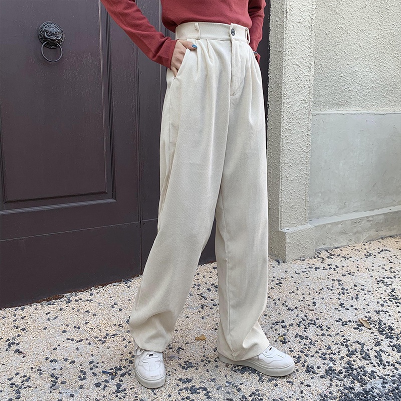 Quần dài ZHELIHANGFEI vải nhung ống rộng lưng cao thời trang cá tính