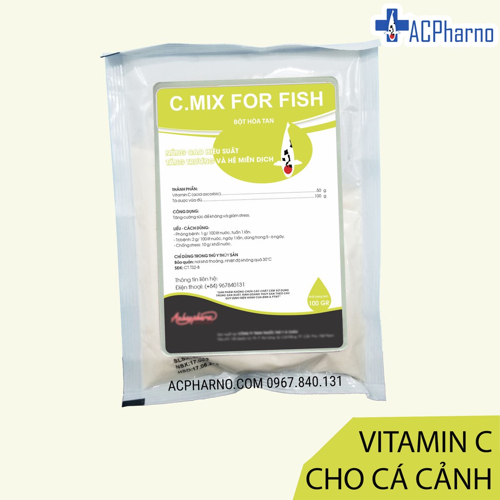 Vitamin C hòa tan dành cho cá cảnh, cá rồng, cá vàng, cá bảy màu guppy, la hán 100gr - Giúp tăng sức đề kháng, chống sốc