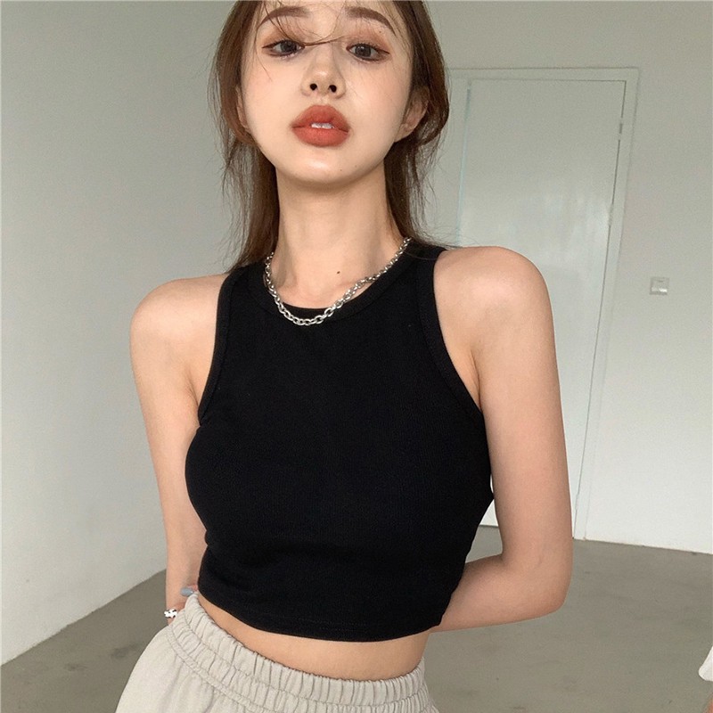 QADCOL Áo croptop không tay cổ tròn ôm dáng dệt kim thời trang
