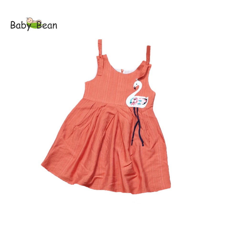 Váy Đầm Đũi Vai Thắt Nơ Thêu Hạc Bé Gái BabyBean
