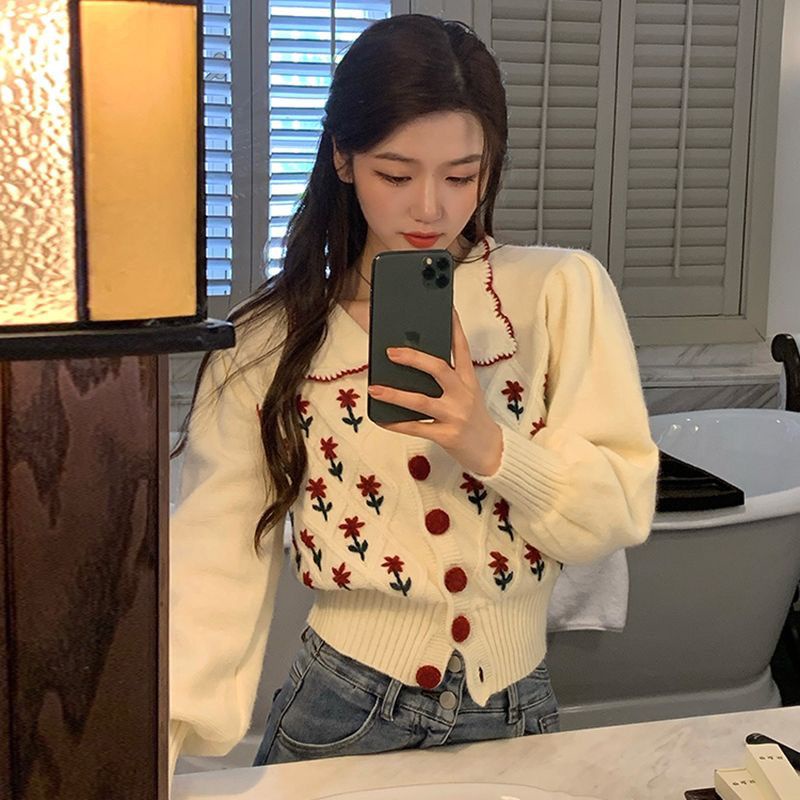 Áo Khoác Cardigan Dệt Kim Cổ Búp Bê Thêu Họa Tiết Xinh Xắn Cho Nữ  tao bao
