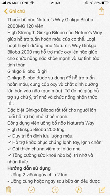 Bổ não Nature’s Way Ginkgo Biloba 2000MG 120 viên