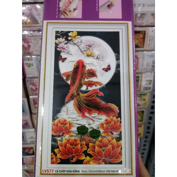 Tranh đính đá Cá chép Hoá Rồng KT:50x90cm