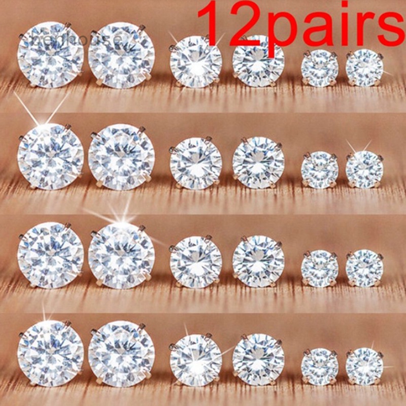 Set 12 đôi khuyên tai hình tròn đính đá thiết kế đơn giản cho nữ