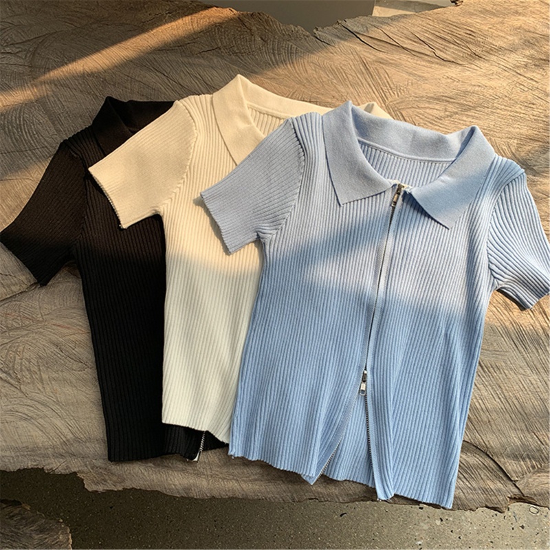 Áo Croptop Ngắn Tay Hai Dây Có Khóa Kéo Màu Sắc Trơn Thời Trang Mùa Hè Dành Cho Nữ