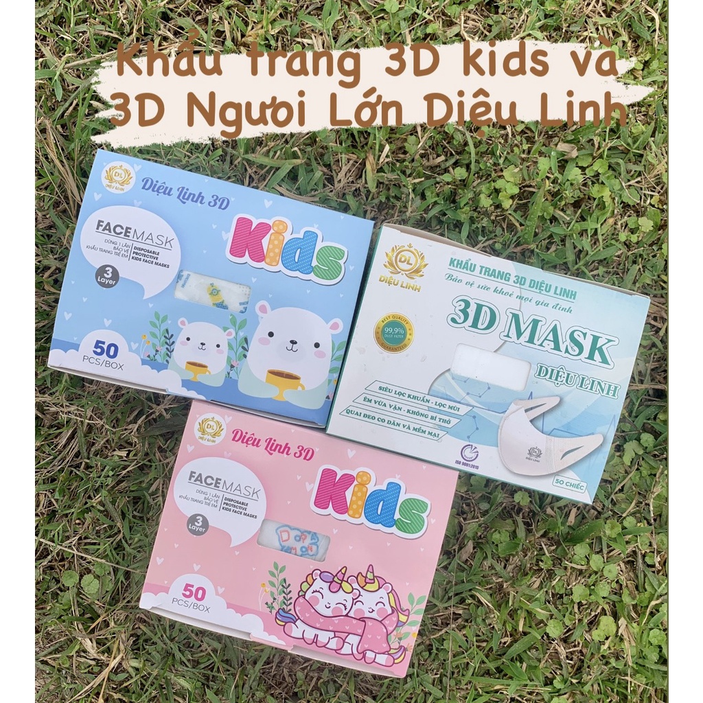 Khẩu trang 3d Mask Diệu Linh trắng trơn cho bé từ 3-8tuoi, kháng khuẩn, dễ thở, không đau tai. Mẫu vỏ hộp mới.