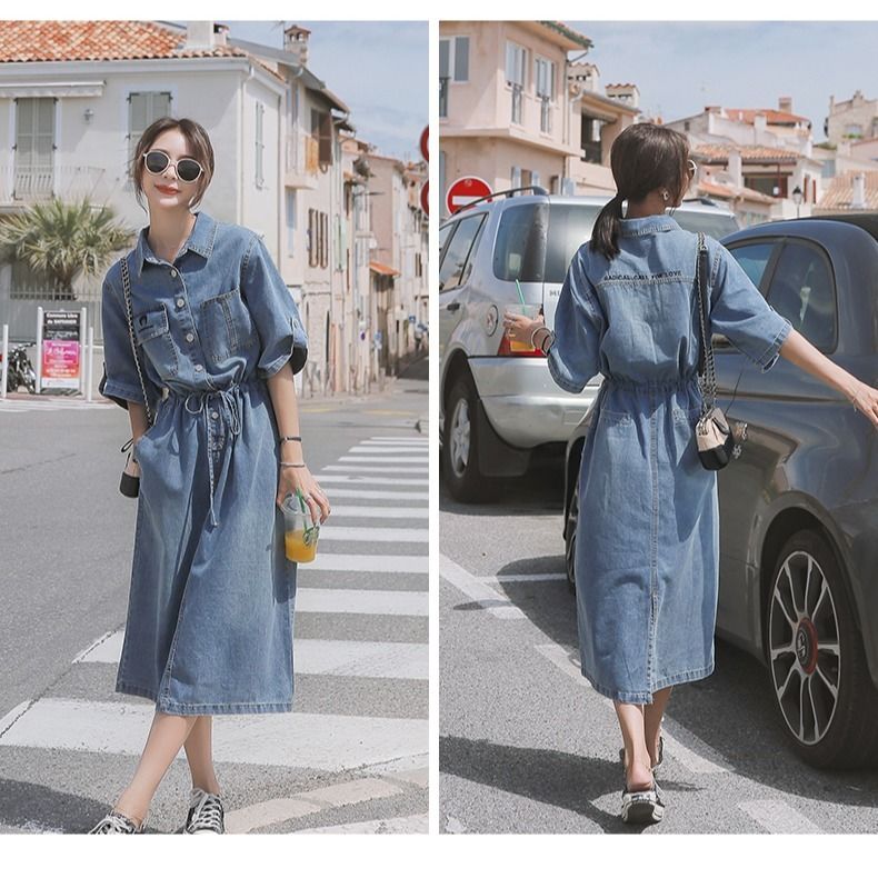 Đầm Denim Tay Lửng Dáng Dài Qua Gối Thời Trang Cho Nữ