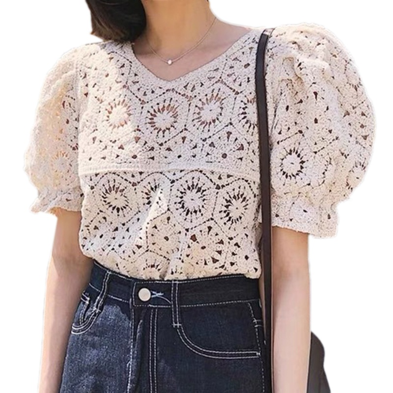 Áo Dệt Kim Tay Phồng Cổ Chữ V Dáng Ôm Thời Trang Cho Nữ