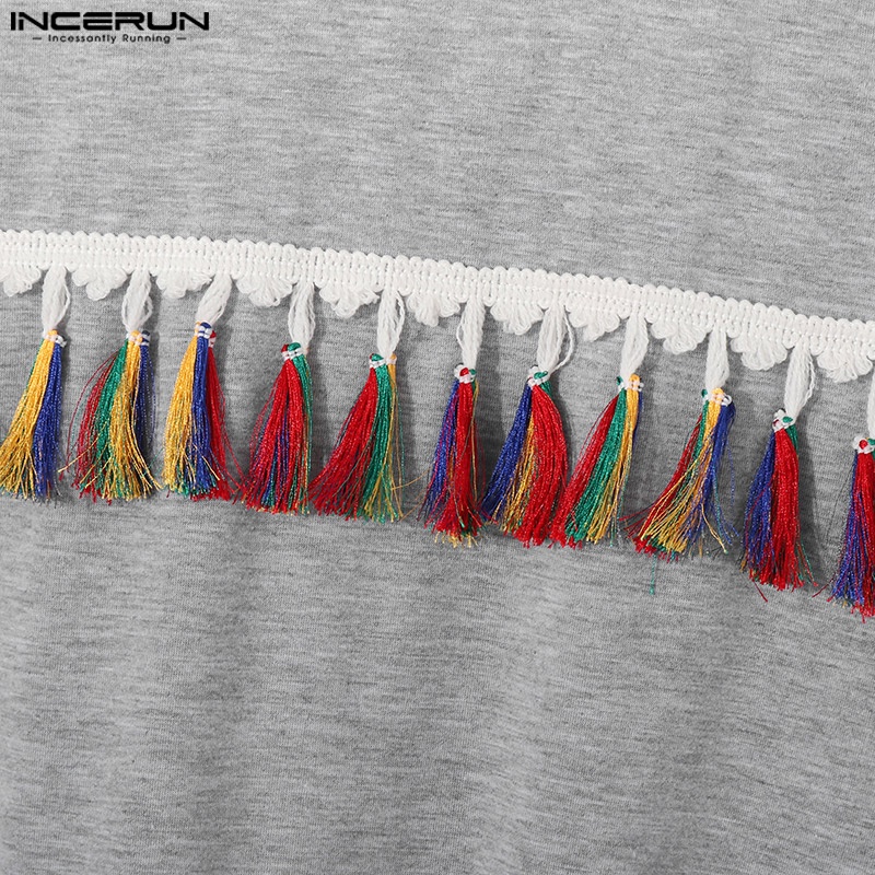 Áo thun INCERUN ngắn tay phối tua rua nhiều màu sắc phong cách dân tộc cho nam