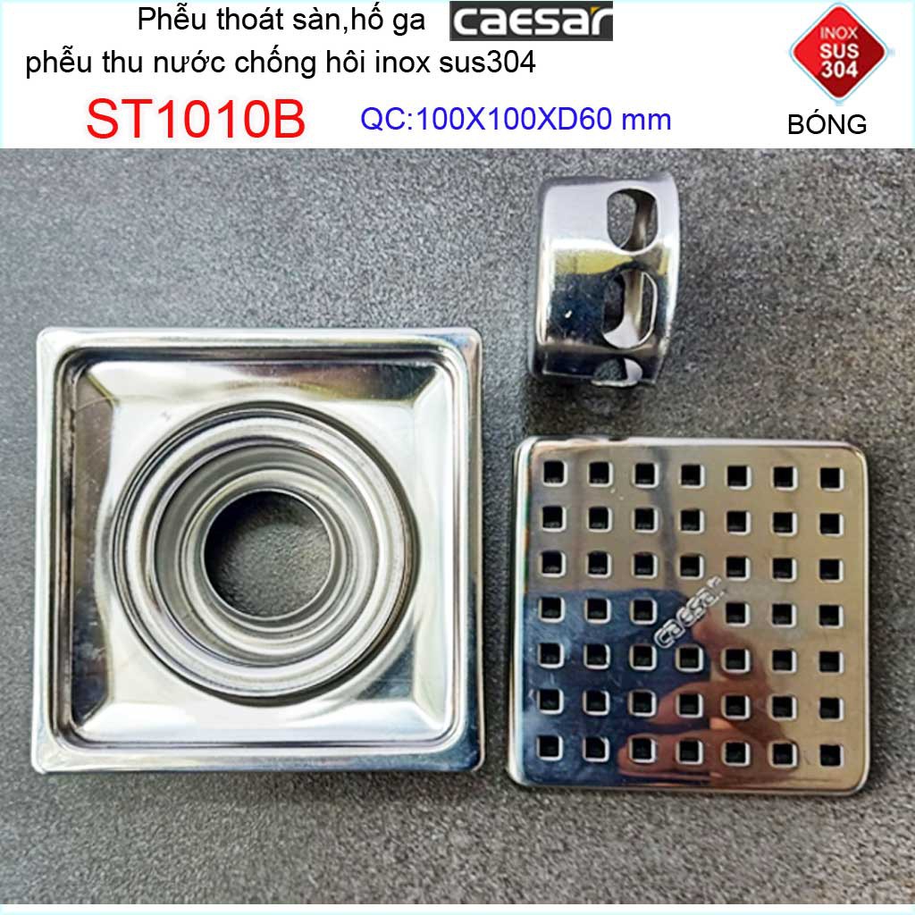 Thoát sàn Caesar 10x10cm ST1010B, phễu thoát sàn 10x10cm ống D60 Inox SUS304 caro thoát nước nhanh chống hôi tốt