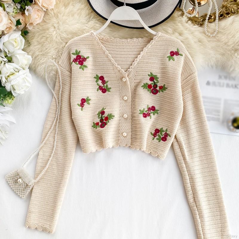 Áo Khoác Cardigan Dài Tay Thêu Họa Tiết Cổ Điển Theo Phong Cách Hàn Quốc