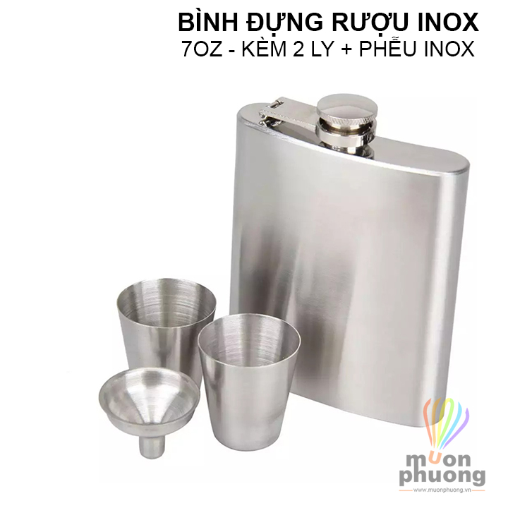 Bình đựng rượu thuốc chất lỏng inox Hip Flask 7oz kèm ly và phễu - MUÔN PHƯƠNG SHOP