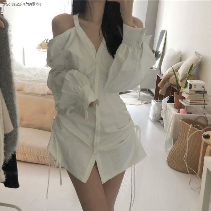 Đầm Sơ Mi Trắng Dài Tay Cổ Chữ v Trễ Vai Eo Rút Dây Thời Trang Cho Nữ