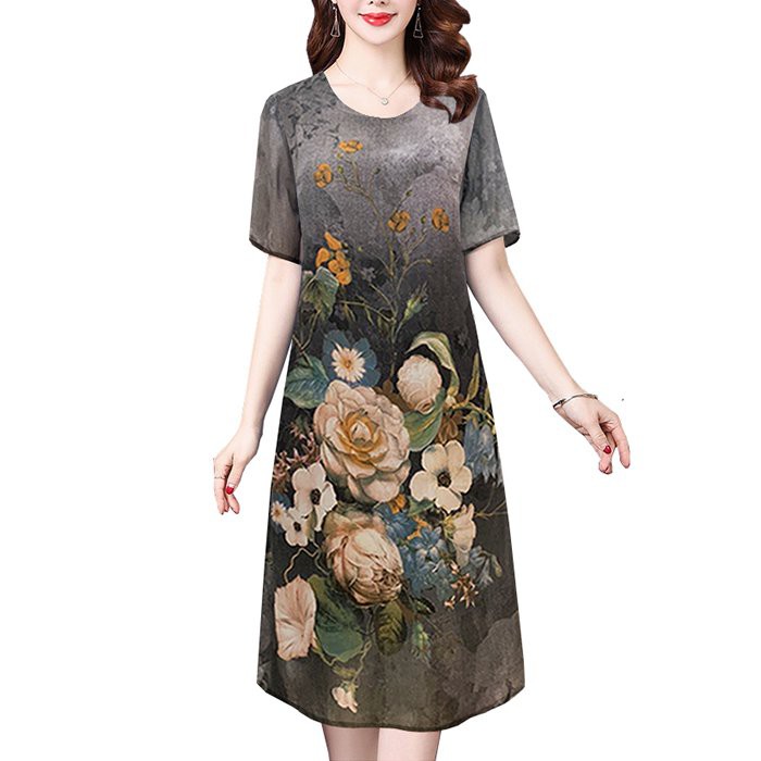 GOTI - Đầm Trung Niên Nữ Dáng Suông Rộng Cổ Tim Tay Ngắn Vải Voan 2 Lớp Big Size Cho Mẹ 3318 3313 3316