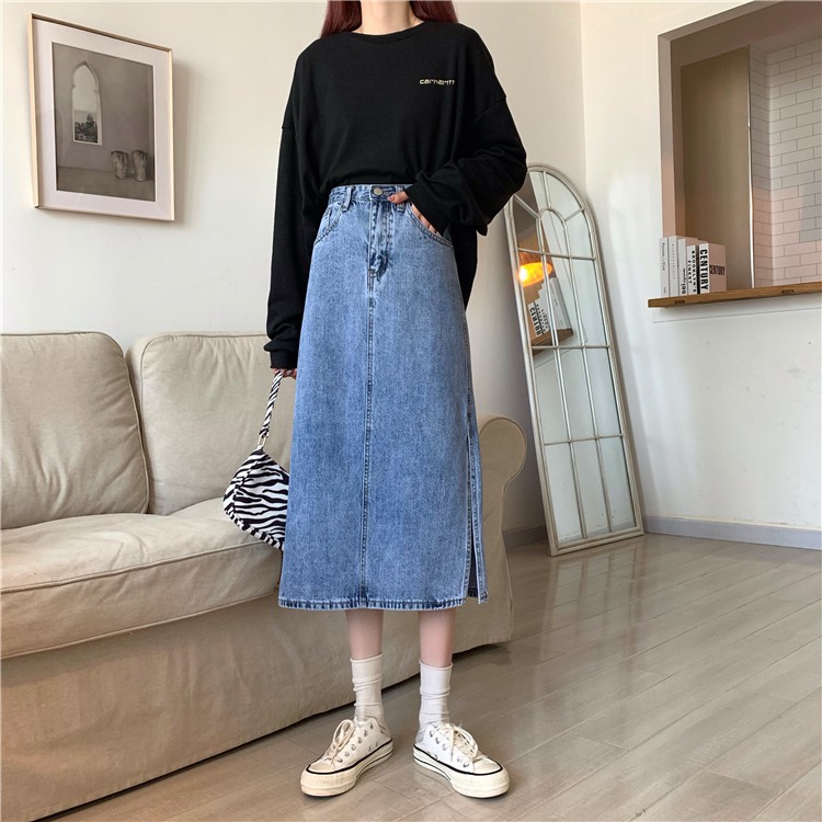 Xiaozhainv Chân váy jean lưng cao phong cách thời trang Hàn Quốc xinh xắn cho nữ | BigBuy360 - bigbuy360.vn