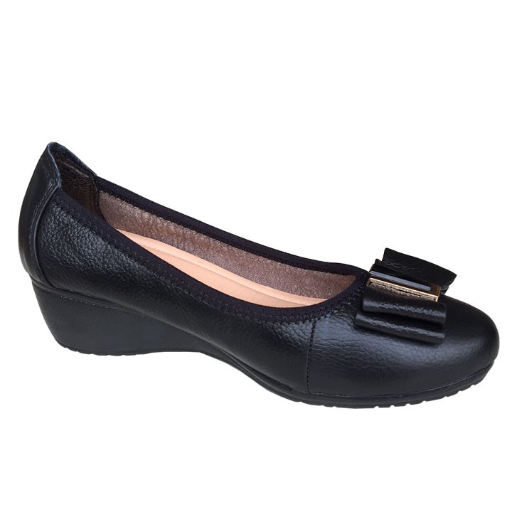 Giày nữ đế xuồng 3cm đính nơ da bò thật cao cấp mềm mạiDX4141