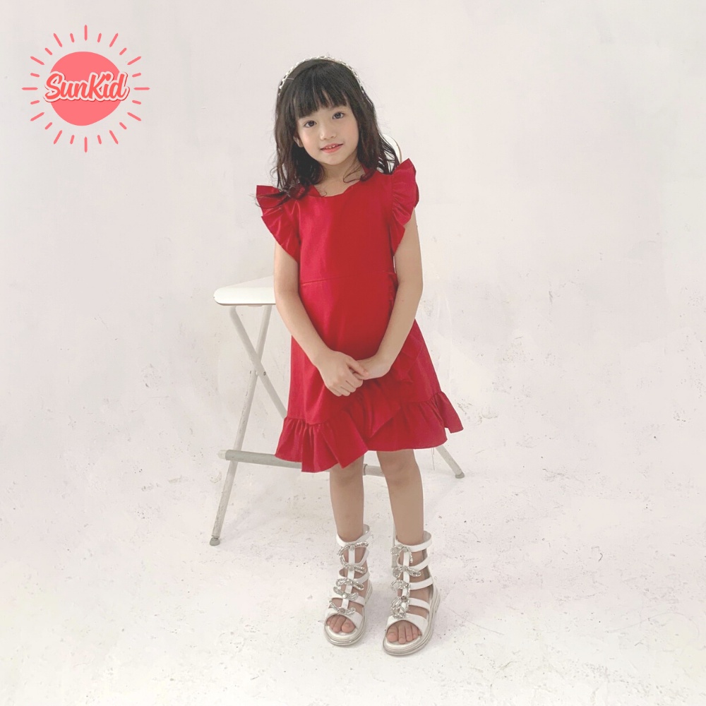 Váy bé gái Sunkid SN4 nhiều màu tay áo cánh tiên, vạt bèo nhúm vải trượt nhật cao cấp size trẻ em 4-12 tuổi
