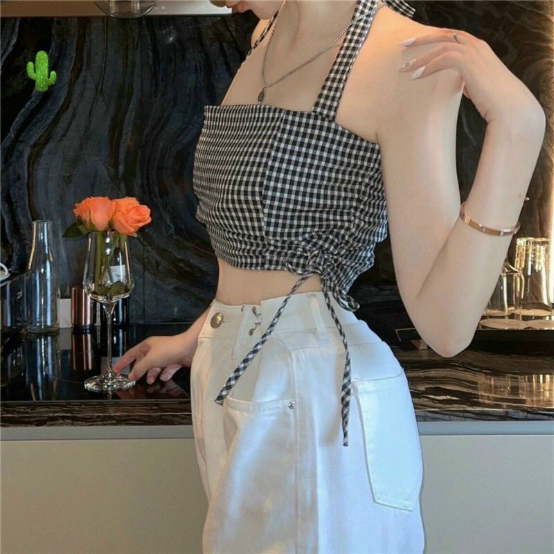Áo yếm caro rút dây eo kèm mod ngực