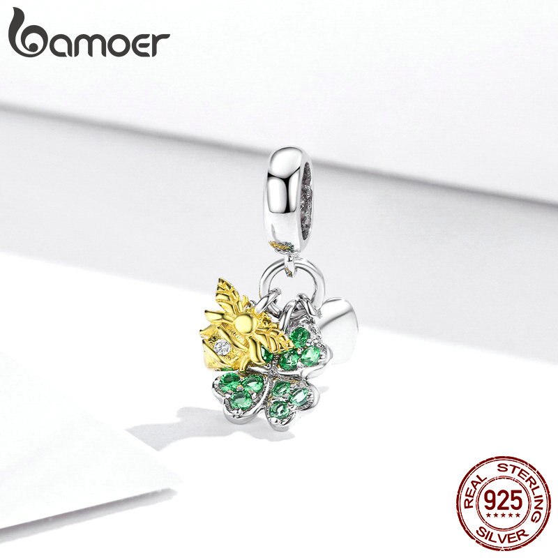 Hạt Charm Bamoer BSC303 Bằng Bạc 925 Đính Con Ong Cỏ Ba Lá Trái Tim Phong Cách Cổ Điển Làm Vòng Đeo Tay/ Dây Chuyền DIY