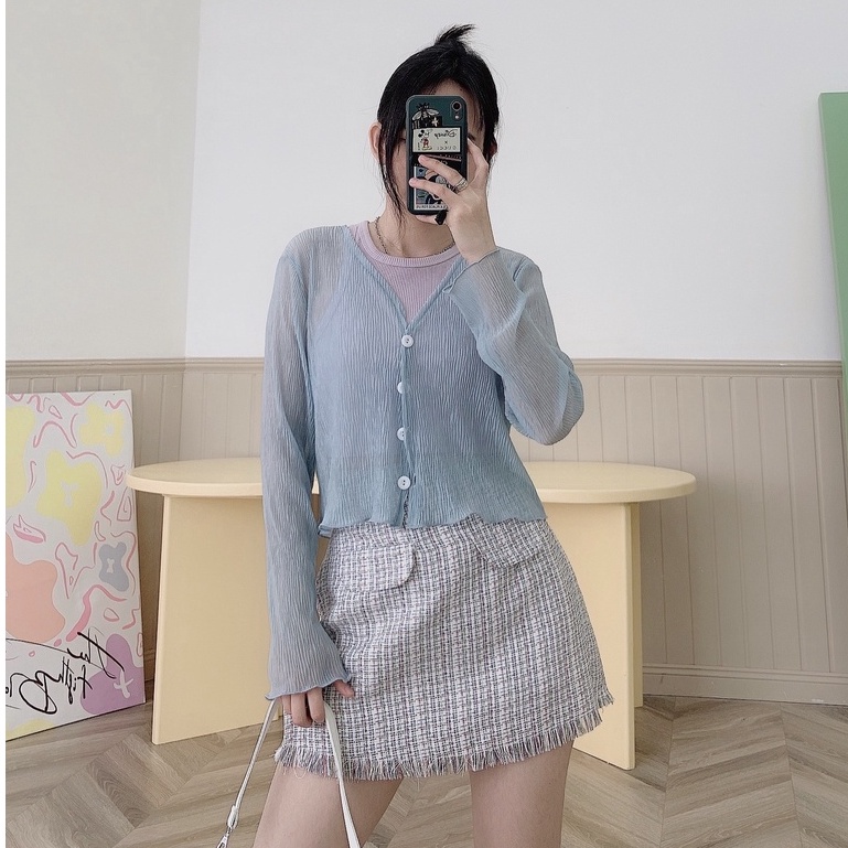 CARA Áo Maris Cardigan màu trắng/xanh tay dài ngọt ngào trẻ trung phù hợp dạo phố