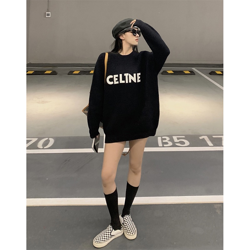 Áo len nữ form rộng dài in chữ CELTNE style Hàn Quốc sang chảnh cá tính