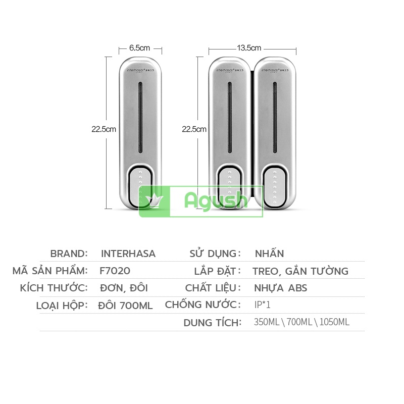 Bình đựng xà phòng nước rửa tay dạng xịt INTERHASA F7020 trắng lọ 350ml đồ gắn dán treo tường xà bông rửa chén bát