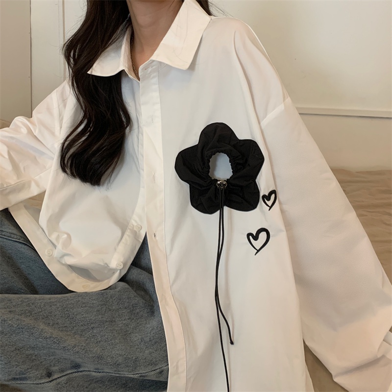 Áo sơ mi ZHELIHANGFEI tay dài dáng rộng thêu họa tiết hoa xinh xắn dễ phối đồ