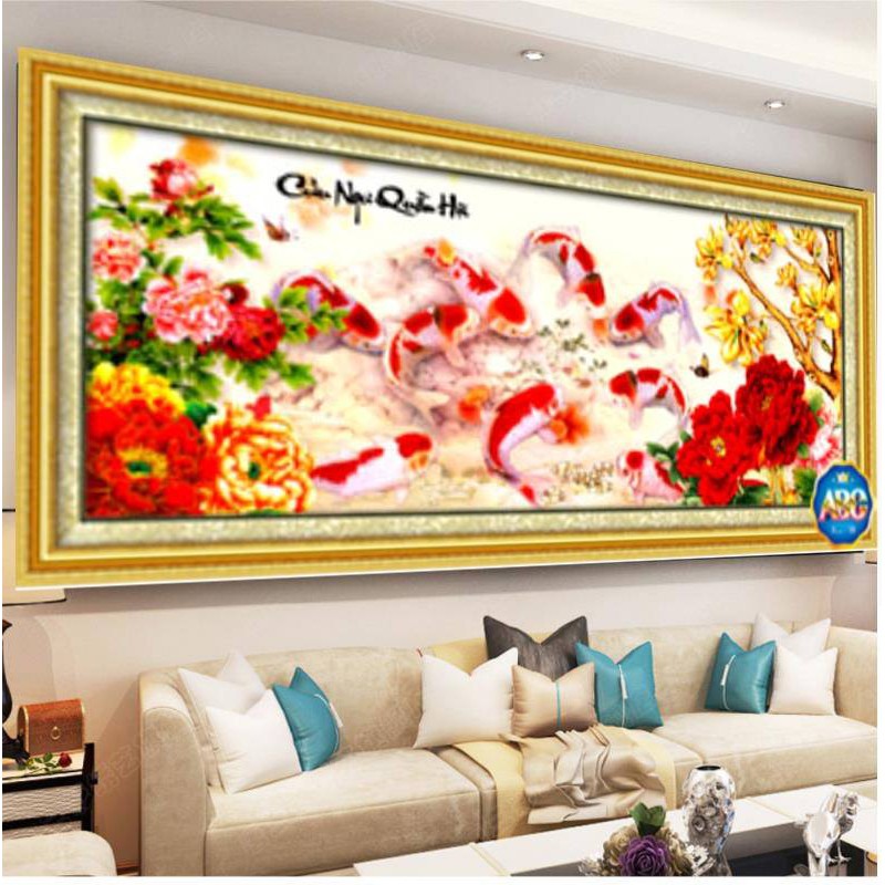 Tranh gắn đá cá cửu ngư quần hội KT:115x50cm,165x70cm,tranh đính đá chưa đính.