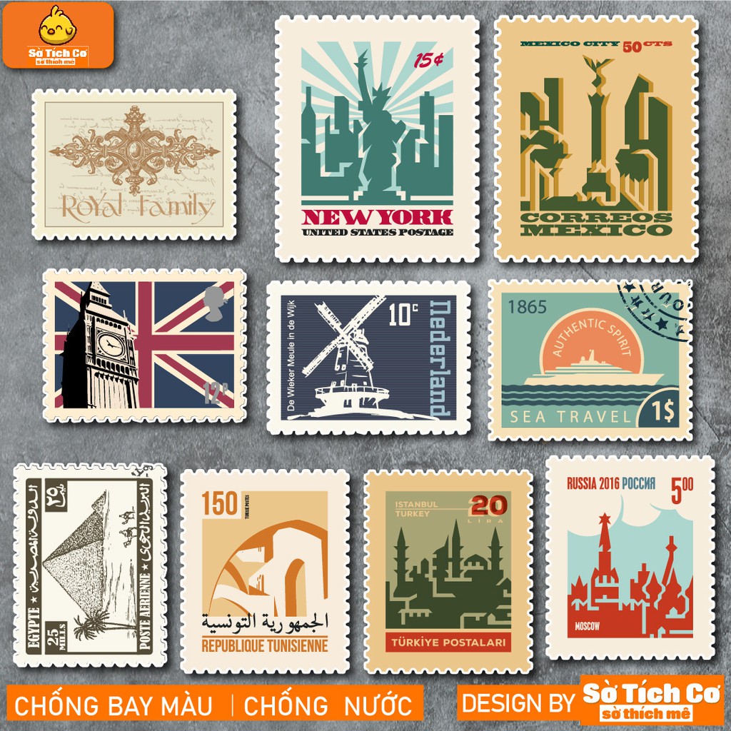 Vintage Stamp chống nước sticker dán laptop, điện thoại, đàn guitar, mũ bảo hiểm, vali. MSP: NS31