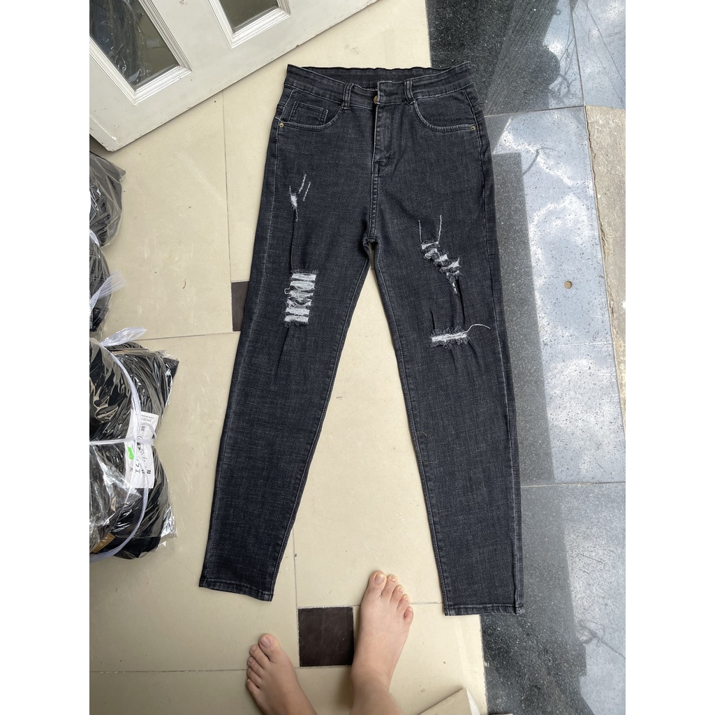 Quần jean xám đen rách kiểu dành cho Bigsize, Lưng cao, Co dãn mạnh 4072 Molijean