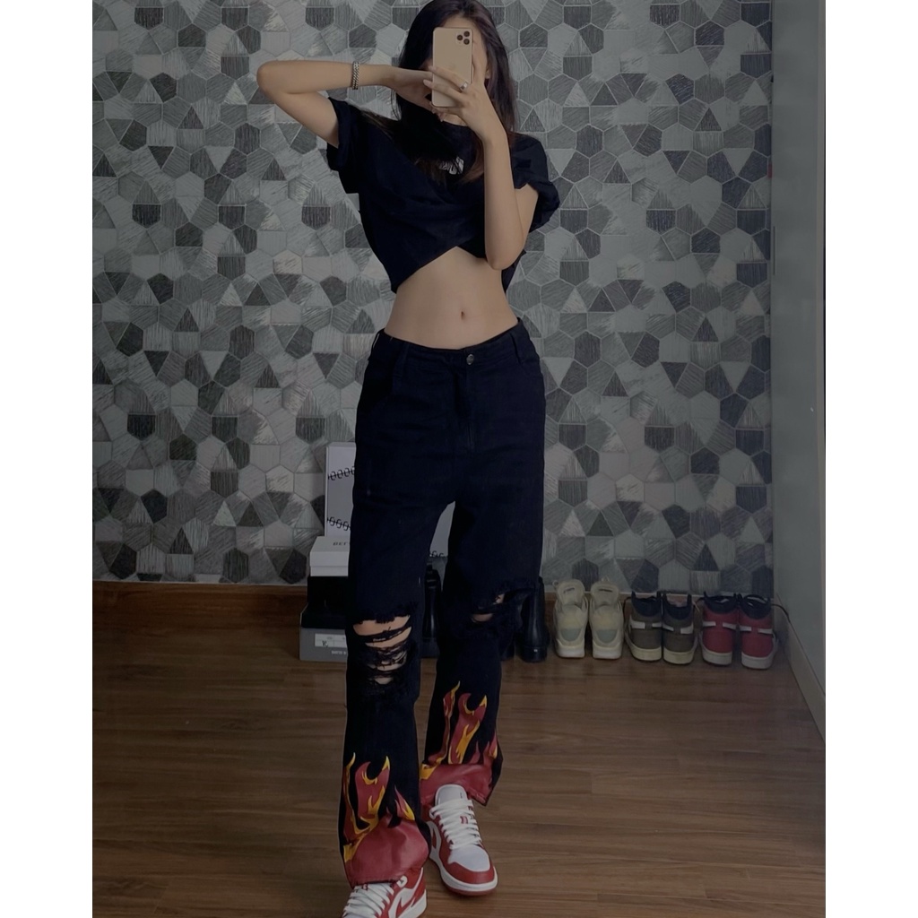 Quần Jean Suông DUSTY STUDIO phong cách hip hop form rộng phối họa tiết lửa