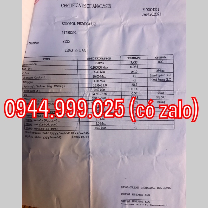 PEG6000 túi 500g PEG 6000 Nhật Bản Polyethylene glycol CAS 25322-68-3