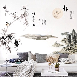 Decal dán tường tranh Phong thủy 3D tre núi TO NHẤT
