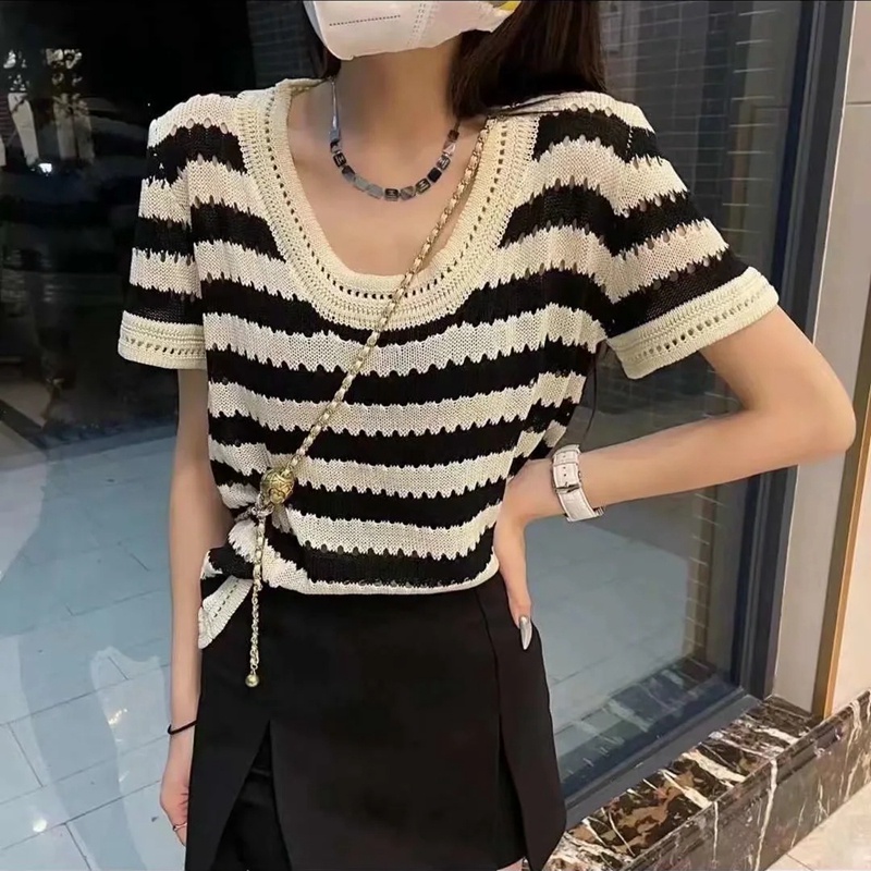 Áo Len Ngắn Tay Họa Tiết Kẻ Sọc Thời Trang Mùa Hè Cho Nữ