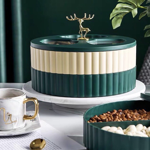 Khay đựng bánh kẹo tết mứt tết 2 tầng tay cầm hình đầu hươu xoay 360 độ phong cách Châu Âu - VS103