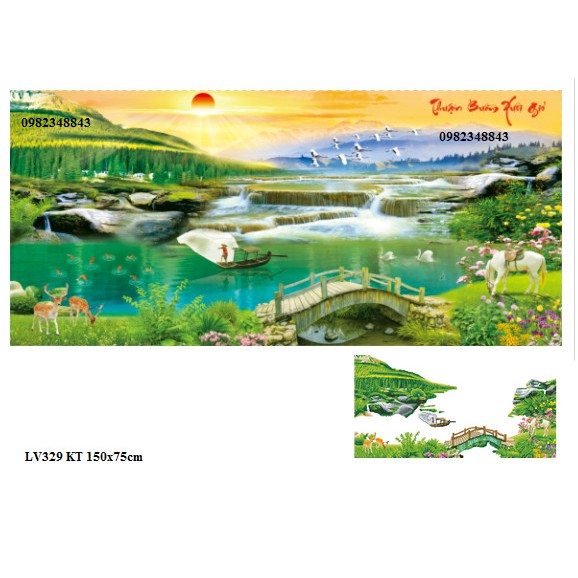 Tranh đính đá phong cảnh non nước hữu tình KT:150x75cm. Tranh gắn đá tự làm