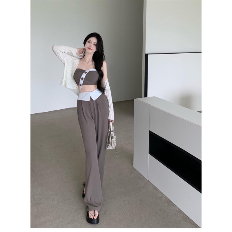 Bộ Áo Ống Màu Trơn + Quần Ống Rộng Thời Trang Mùa Hè Quyến Rũ Cho Nữ