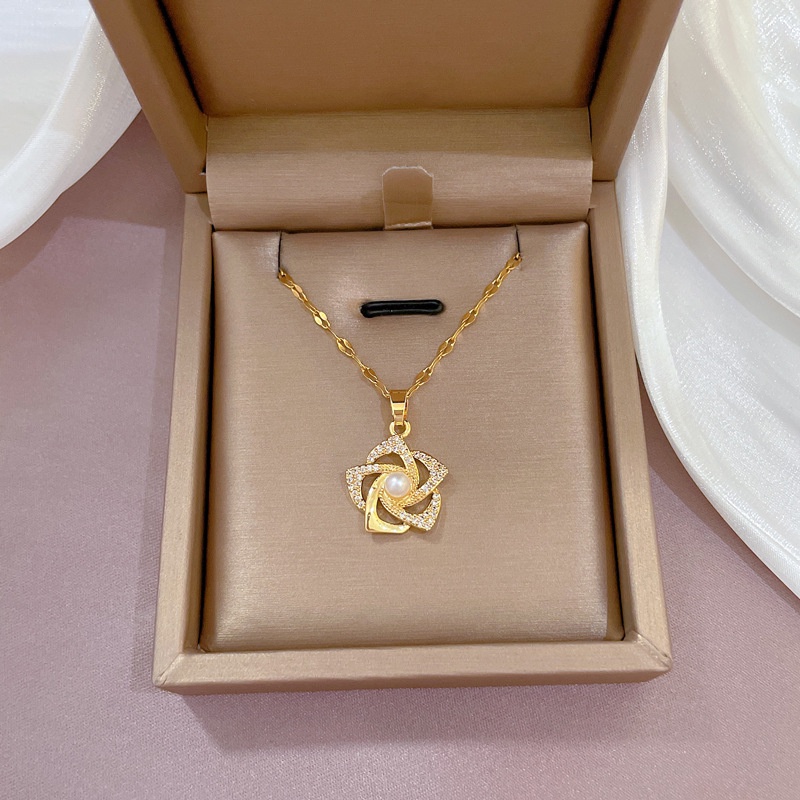 Dây Chuyền Thép Titan Mặt Hình Bông Hoa Đính Đá Sang Trọng Cho Nữ