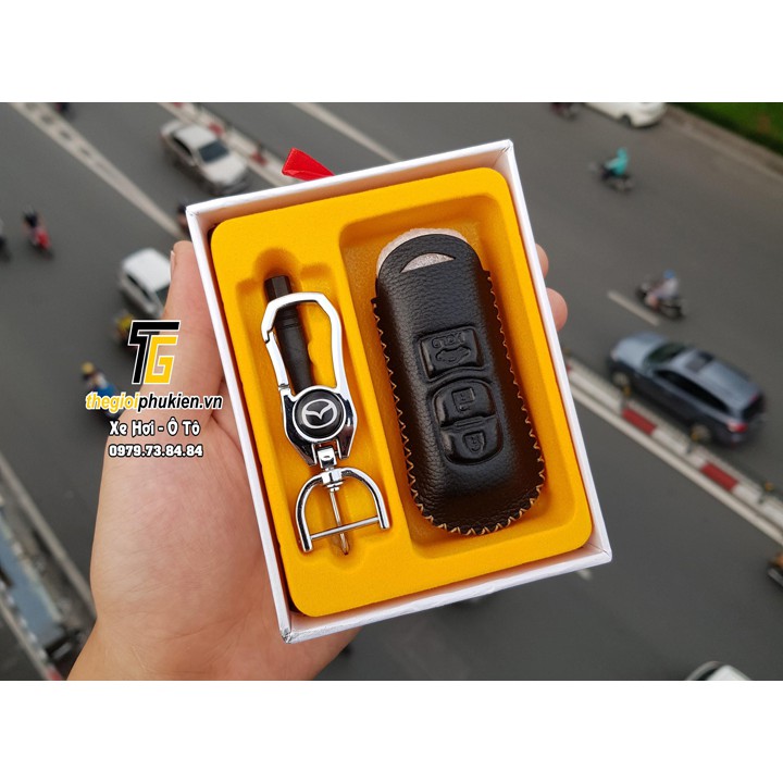 Bọc da bảo vệ chìa khóa Mazda 2, Mazda 3, Mazda 6, Mazda CX-5, CX-8 phím bấm 3D nổi may viền có kèm móc đeo INOX
