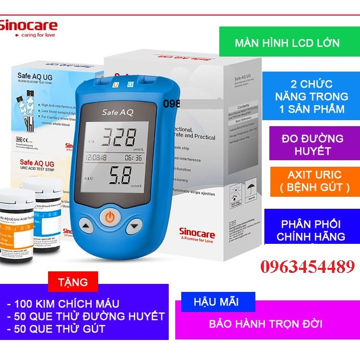 [ BH TRỌN ĐỜI ] Máy đo đường huyết và gout sinocare Safe AQ UG Tặng kèm 50 que tiểu đường, 50 que Gout, 100 kim