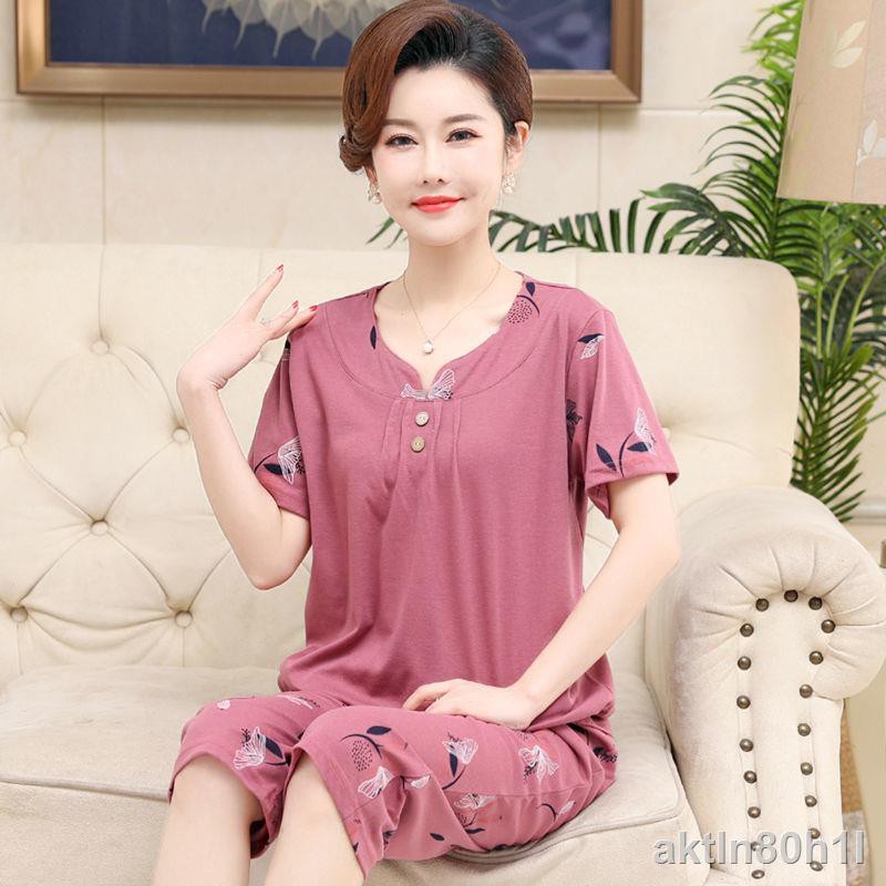 Pyjama cho phụ nữ trung niên và cao tuổi, cotton ngắn tay, size lớn, kiểu mỏng, bộ đồ phục vụ ở nhà người niên, mẹ