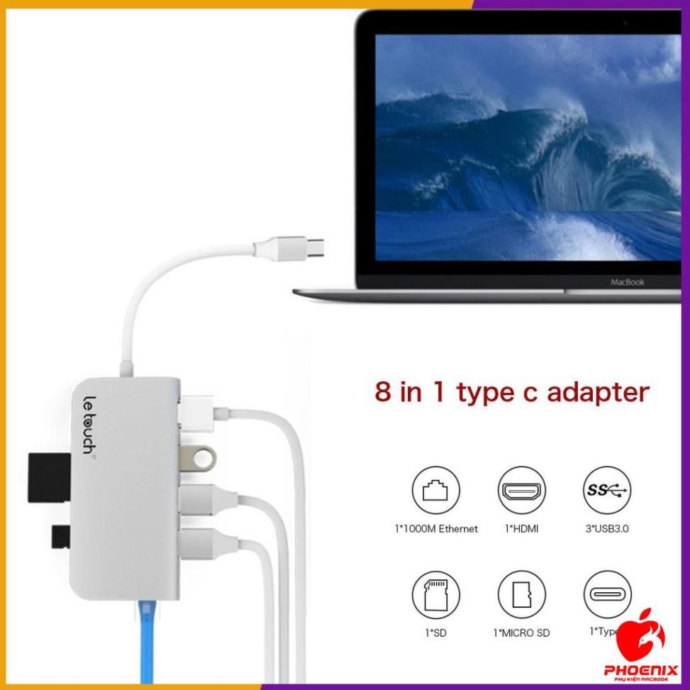 Cáp Usb Type C Chính hãng Letouch Multi Port Adapter 8 in 1 (xám)