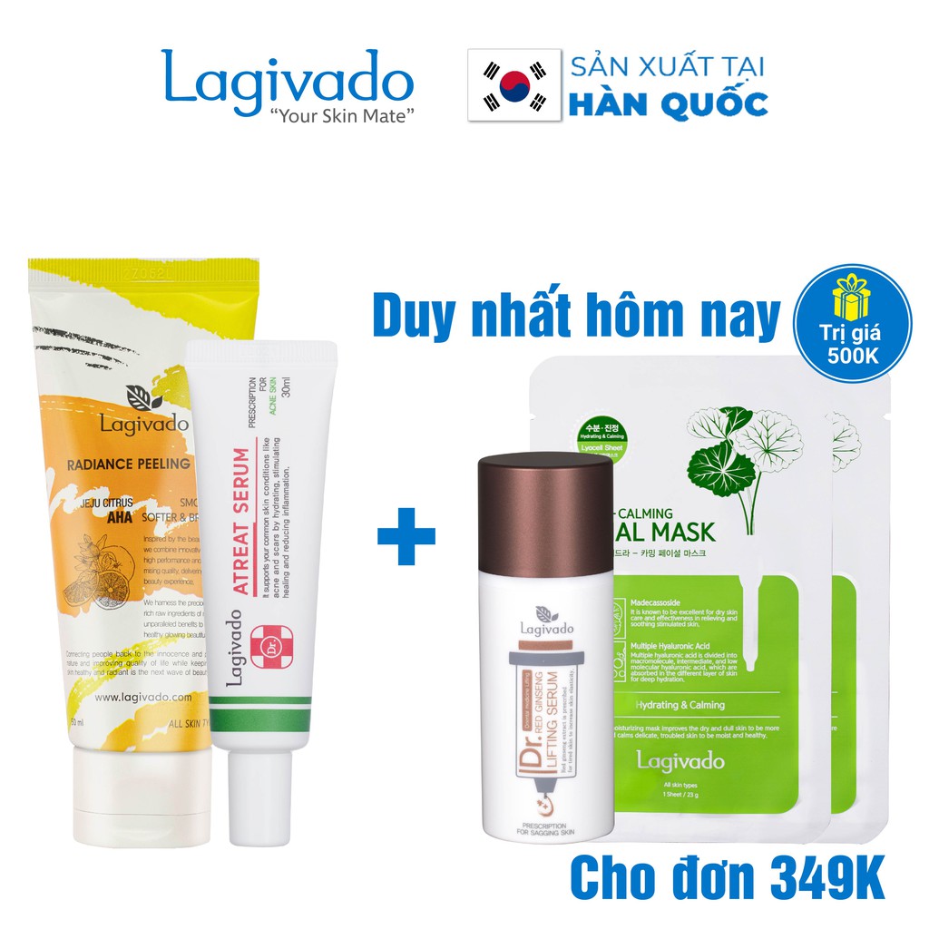 Bộ chăm sóc da mụn, giảm thâm Hàn Quốc Lagivado gồm Dr. ATreat Serum 30 ml và tẩy tế bào da chết 50 ml.
