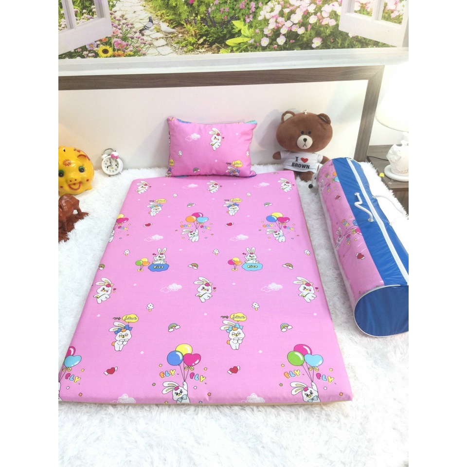 Nệm cho bé đi học 70x120cm, nệm mềm mát vải cotton cao cấp, họa tiết hoạt hình có kèm gối nằm