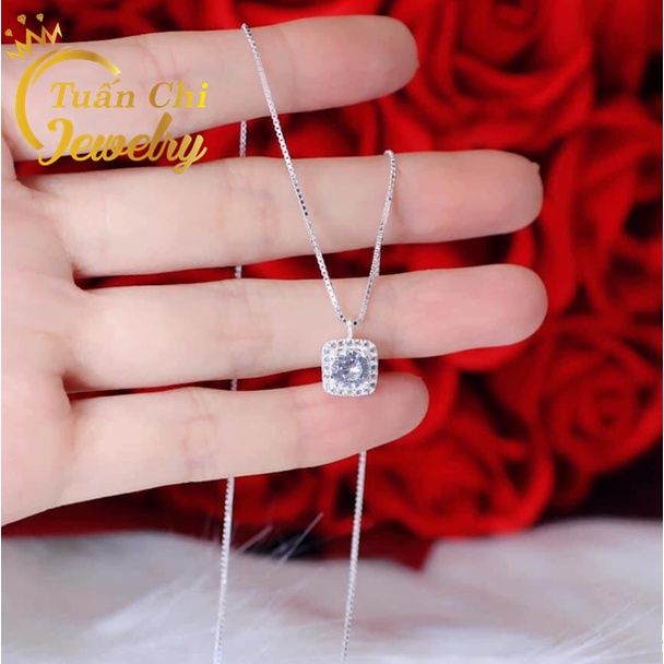 DEAL HOT Dây Chuyền Nữ- Vòng Cổ Bạc Mặt Đá Vuông Sang Chảnh, Nổi Bật