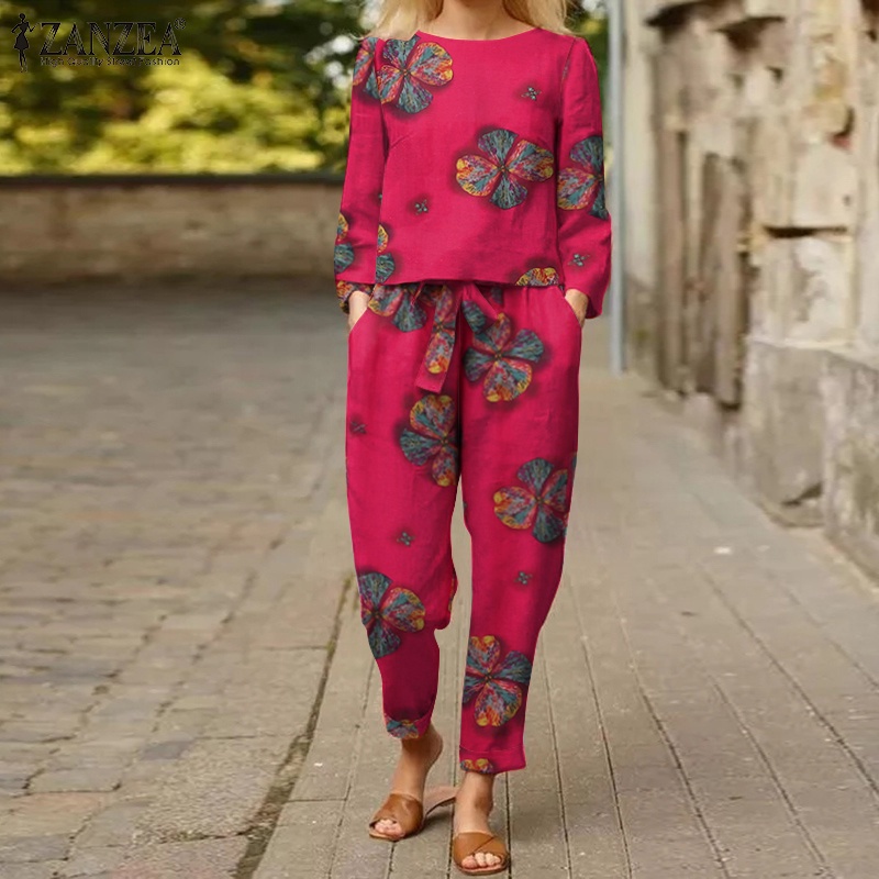 Bộ trang phục Zanzea gồm áo và quần dáng dài in họa tiết hoa có túi phong cách vintage cho nữ