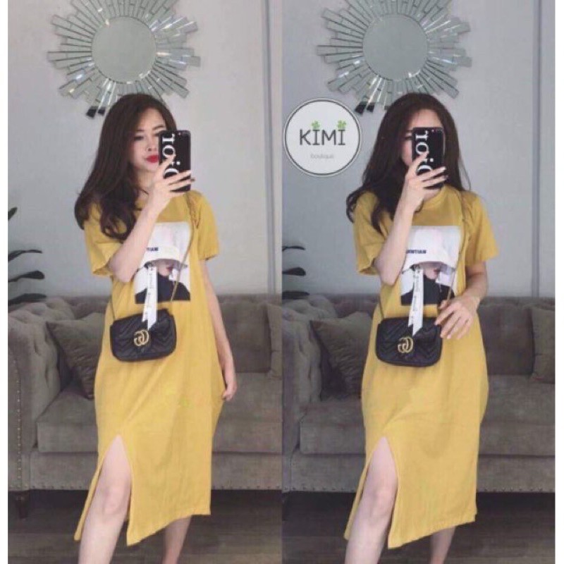 Đầm Dáng Suông Ngắn Tay Phom Rộng In Hình Cô Gái Giữa Ngực