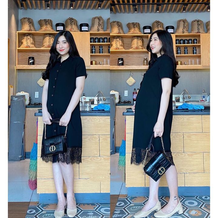 Váy bầu sơ mi thiết kế xuông chân ren xinh xắn M006 Mom and baby