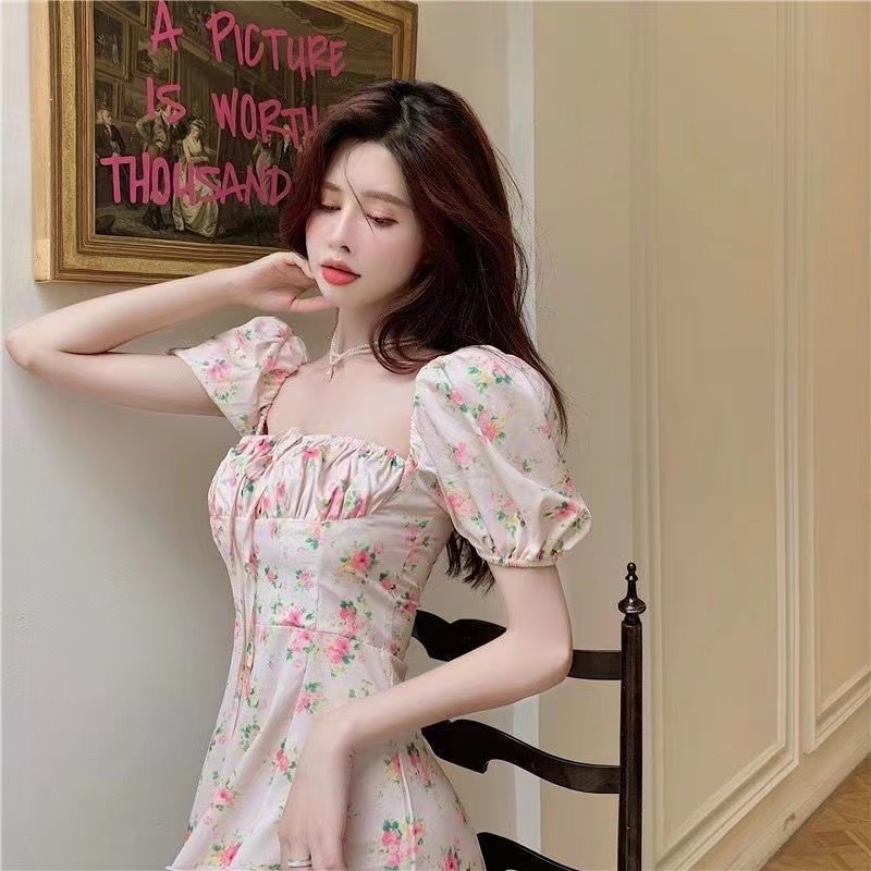 Đầm Ngắn Tay Phồng Xếp Ly In Họa Tiết Hoa Thanh Lịch Quyến Rũ Phong Cách Hàn Quốc Dành Cho Nữ